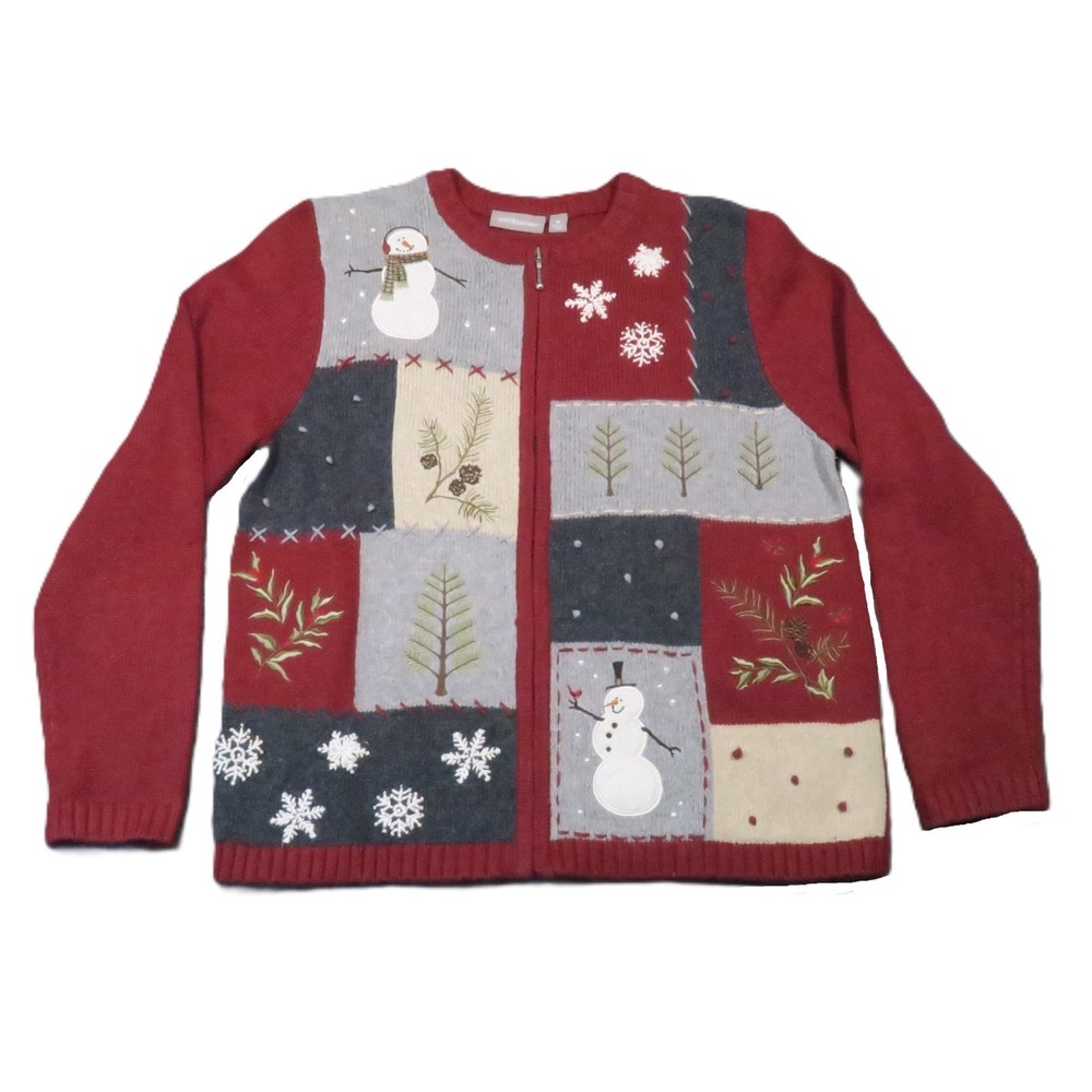 Croft & Barrow Christmas Cardigan Women M Red Silk Snowman Patchwork Zip Holiday